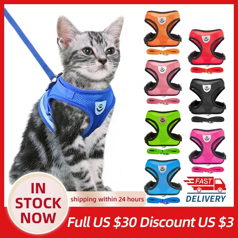 Cat Harness Vest Walking Lead Leash For Puppy Dogs Collar Polyester Adjustable Mesh Dog Harness For Small Medium Pet Accessories